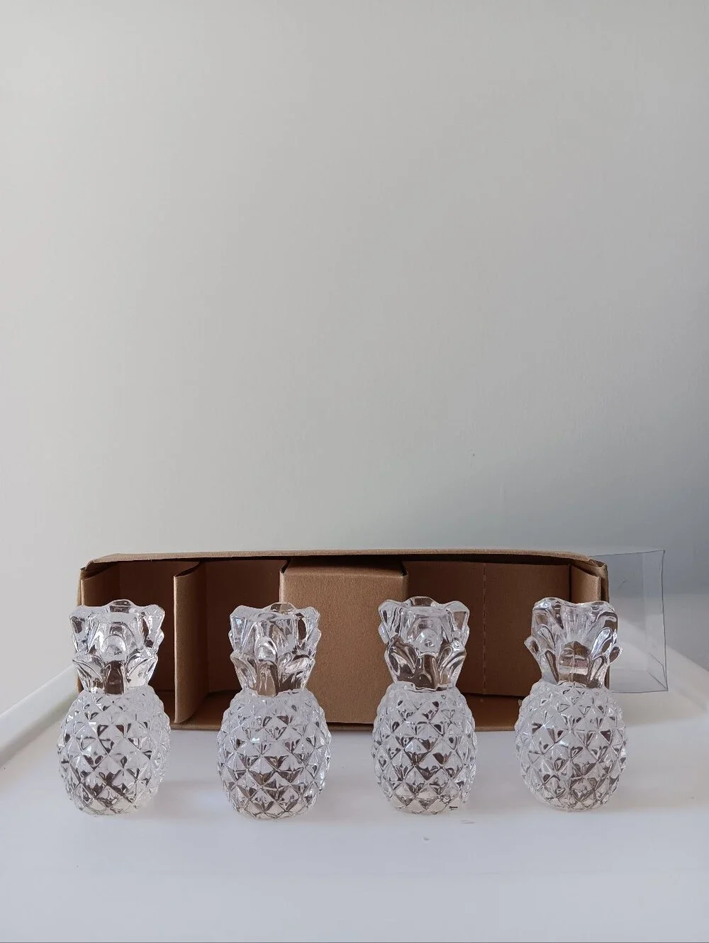 Williams Sonoma Clear Glass Pineapple Taper Candle Holders Set of 4 New in Box